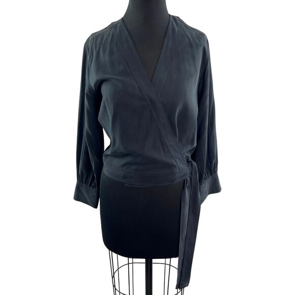 EVERLANE The Washable Black Crop Wrap Blouse Silk V-Neck Tie-Waist Size Small S - Picture 1 of 8